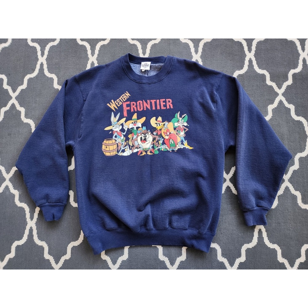 Vintage Looney Tunes Sweatshirt Mens Lrg Western Frontier Blue Long Sleeve Acme
